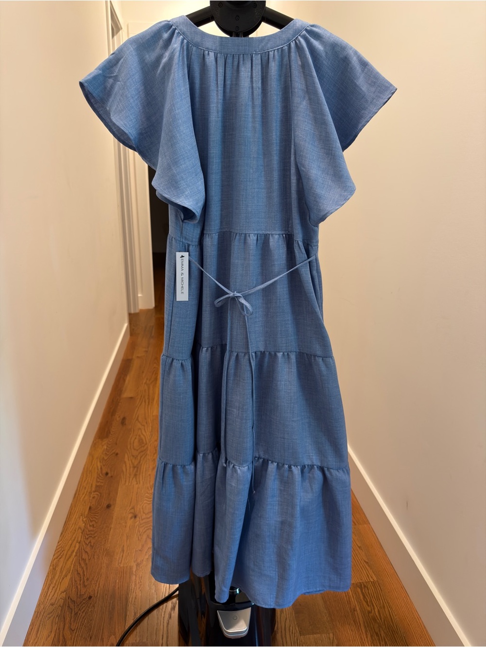 Emma & Michele Blue Tiered Midi Dress with Flutter Sleeves - Picture 2 of 6